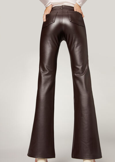 Coated-Effect Thermal Flare Leggings with Zip and Button