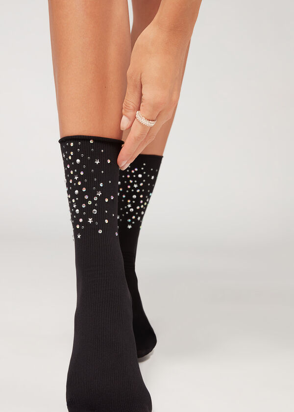 Parlak Taşlı ve Yıldızlı Opak Soket Çorap