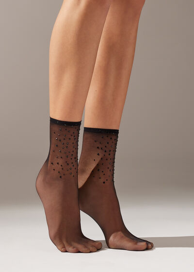 Sheer Short Socks with Rhinestones