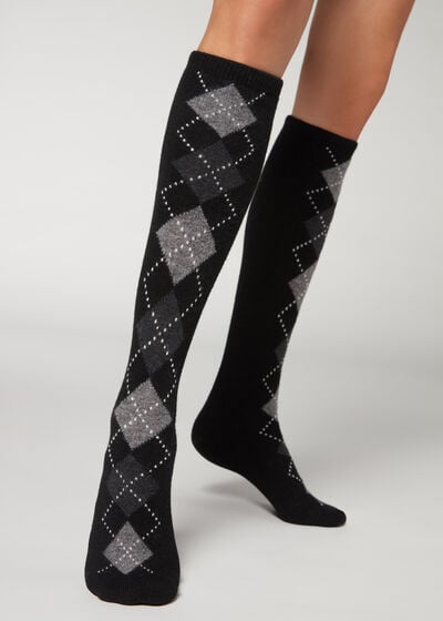 Diamond-Patterned Cashmere Long Socks