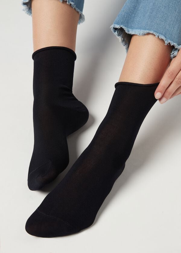 Krátké Ponožky z  Mercerované Bavlny, Nezačištěný Lem na Manžetách