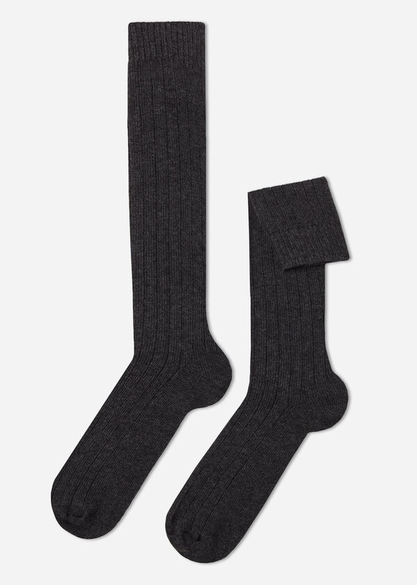 Chaussettes longues côtelées avec laine et cachemire pour homme