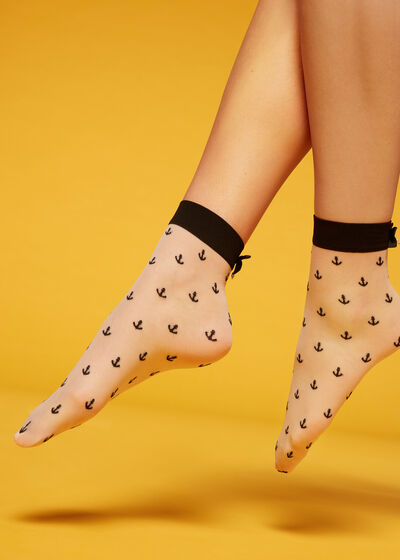 15 Denier Patterned Sheer Ankle Socks with Bow
