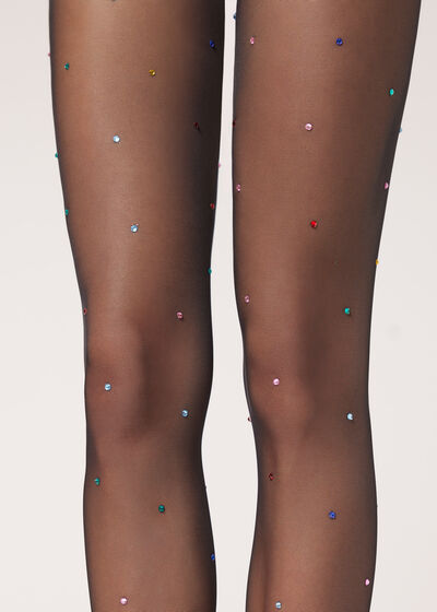 Tulle Tights with Back Line and Multicolor Rhinestones