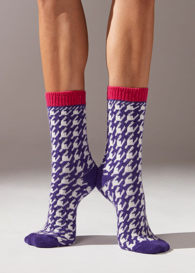 Houndstooth-Patterned Short Socks with Cashmere