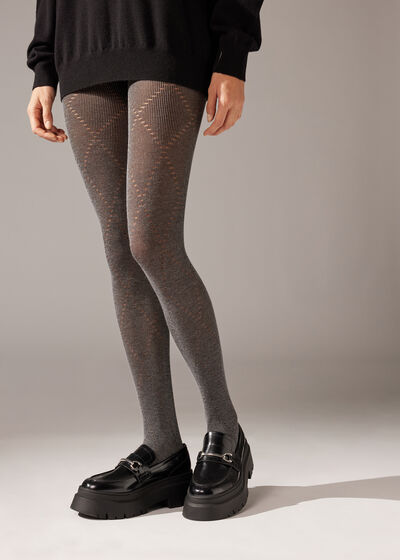 Large Openwork Diamond-Patterned Cashmere Tights