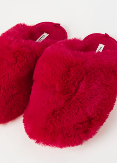 Bright Red Soft Teddy Fabric Slippers