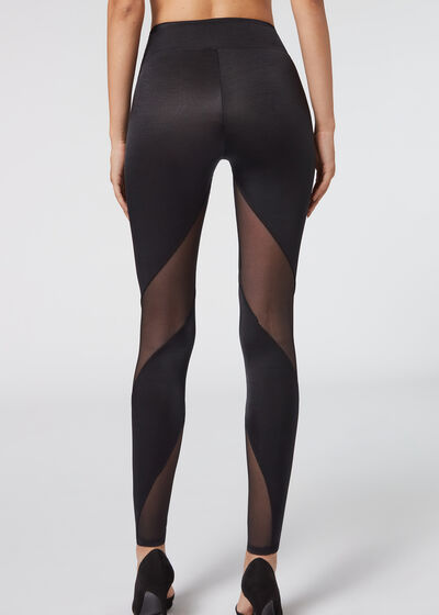 Superglänzende Leggings mit Tülleinsätzen
