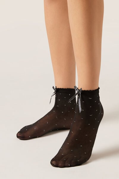 Calzedonia Calcetines Cortos con Purpurina y Lazos Mujer Negro Tamaño TU