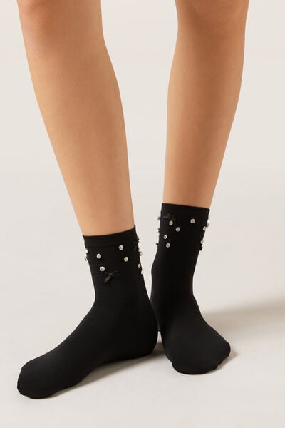 Calzedonia Calcetines Cortos Strass y Lazos Mujer Negro Tamaño TU
