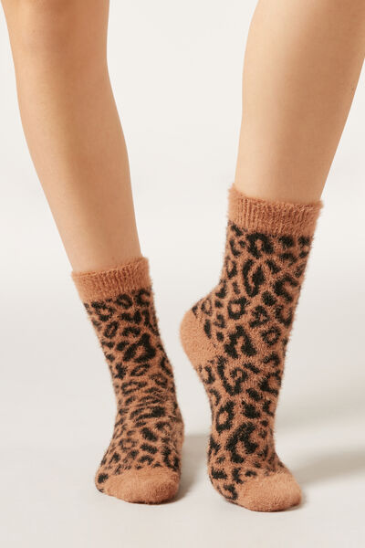 Calzedonia Calcetines Cortos Efecto Peluche y Estampado Tropical Mujer Marrón Tamaño TU