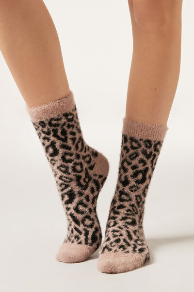 Calzedonia Calcetines Cortos Efecto Peluche y Estampado Tropical Mujer Rosa Tamaño TU