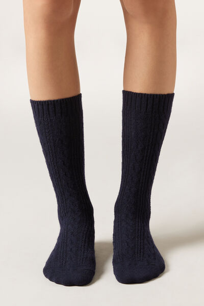Calzedonia Calcetines Cortos con Cashmere Trenzas Mujer Azul Tamaño TU