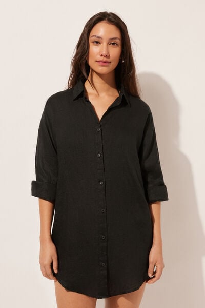 Calzedonia Vestido camisero de playa en lino Mujer Negro Tamaño M