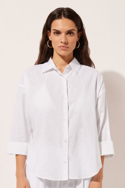 Calzedonia Camisa Corta Lino y Viscosa Mujer Blanco Tamaño L