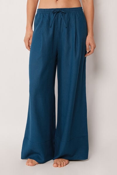 Calzedonia Pantalón Largo Palazzo Lino y Viscosa Mujer Azul Tamaño L