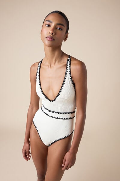 Calzedonia Bañador Una Pieza Bicolor Embroidery Mujer Blanco Tamaño L