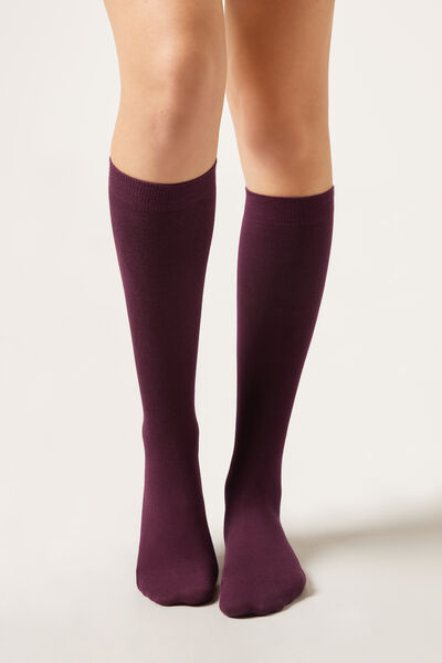 Calzedonia Calcetín Largo De Algodón Mujer Burdeos Tamaño TU