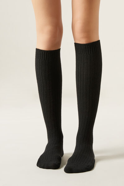Image of Calzedonia Lange gerippte Damensocken mit Wolle und Kaschmir Frau Schwarz Größe Einheitsgröße