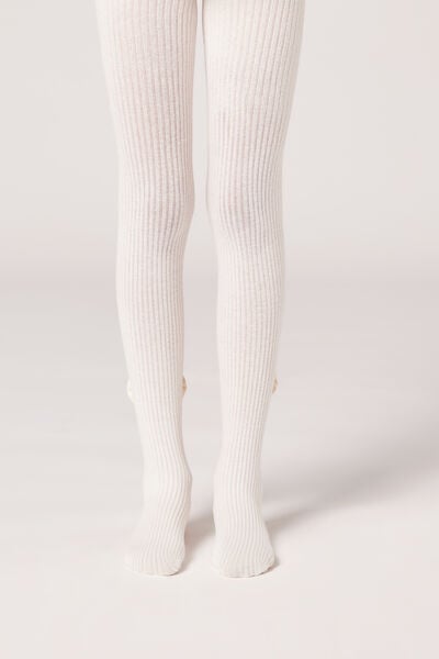 Calzedonia Collant in Cotone a Costine con Fiocco da Bambina Bambina Bianco Velikost 8-10