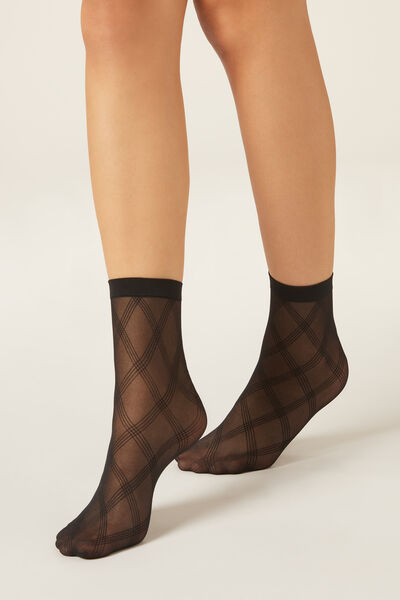 Calzedonia Calcetines Cortos con Estampado de Rombos Mujer Negro Tamaño TU