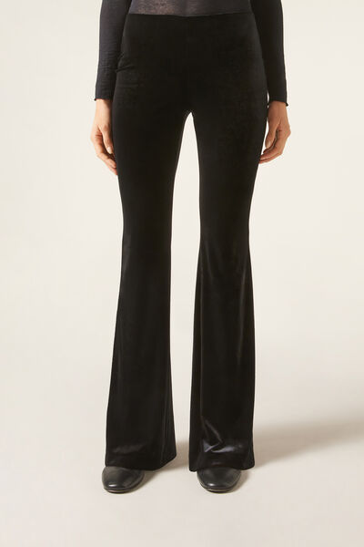 Calzedonia Pantalón Acampanado de Terciopelo Mujer Negro Tamaño XL