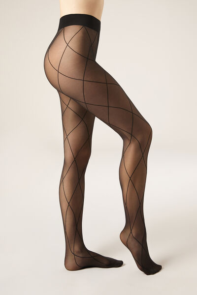 Calzedonia Pantis Transparentes Rombos Mujer Negro Tamaño 3/4