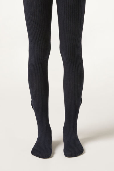 Calzedonia Girls’ Ribbed Cotton Tights with Bow Girl Black Size 10-13