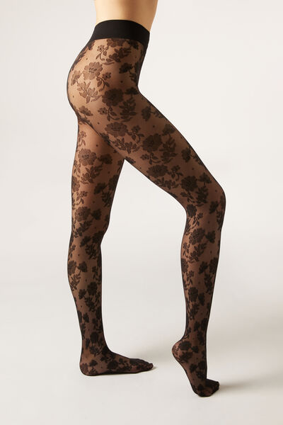 Calzedonia Pantis Estampado Flores Mujer Negro Tamaño 1/2
