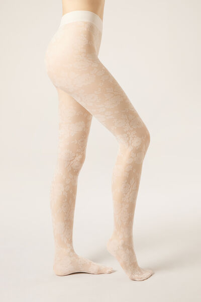 Calzedonia Pantis Transparentes Flores Mujer Blanco Tamaño 1/2