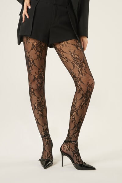 Calzedonia Collant En Dentelle à Fleurs Femme Noir Taille S-image