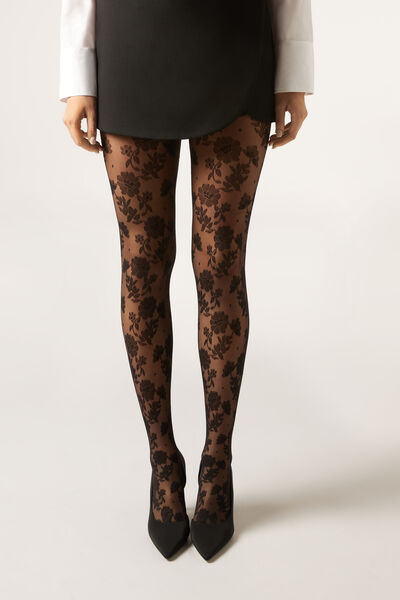 Calzedonia Pantis Estampado Flores Mujer Negro