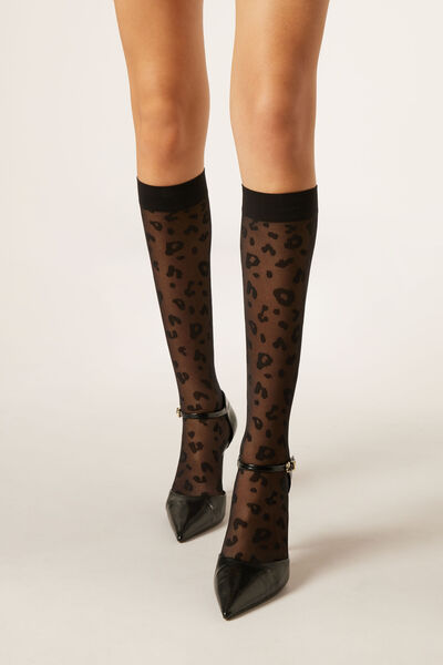 Calzedonia Gambaletti Velati in Fantasia Animalier Donna Nero Velikost TU