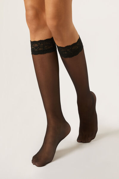 Calzedonia Calcetines Rodilla con Volante de Encaje Mujer Negro Tamaño TU