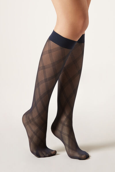 Image of Calzedonia Halbtransparente knielange Socken mit Rautenmuster Frau Blau Größe Einheitsgröße