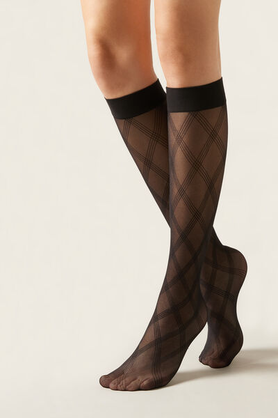 Image of Calzedonia Halbtransparente knielange Socken mit Rautenmuster Frau Schwarz Größe Einheitsgröße