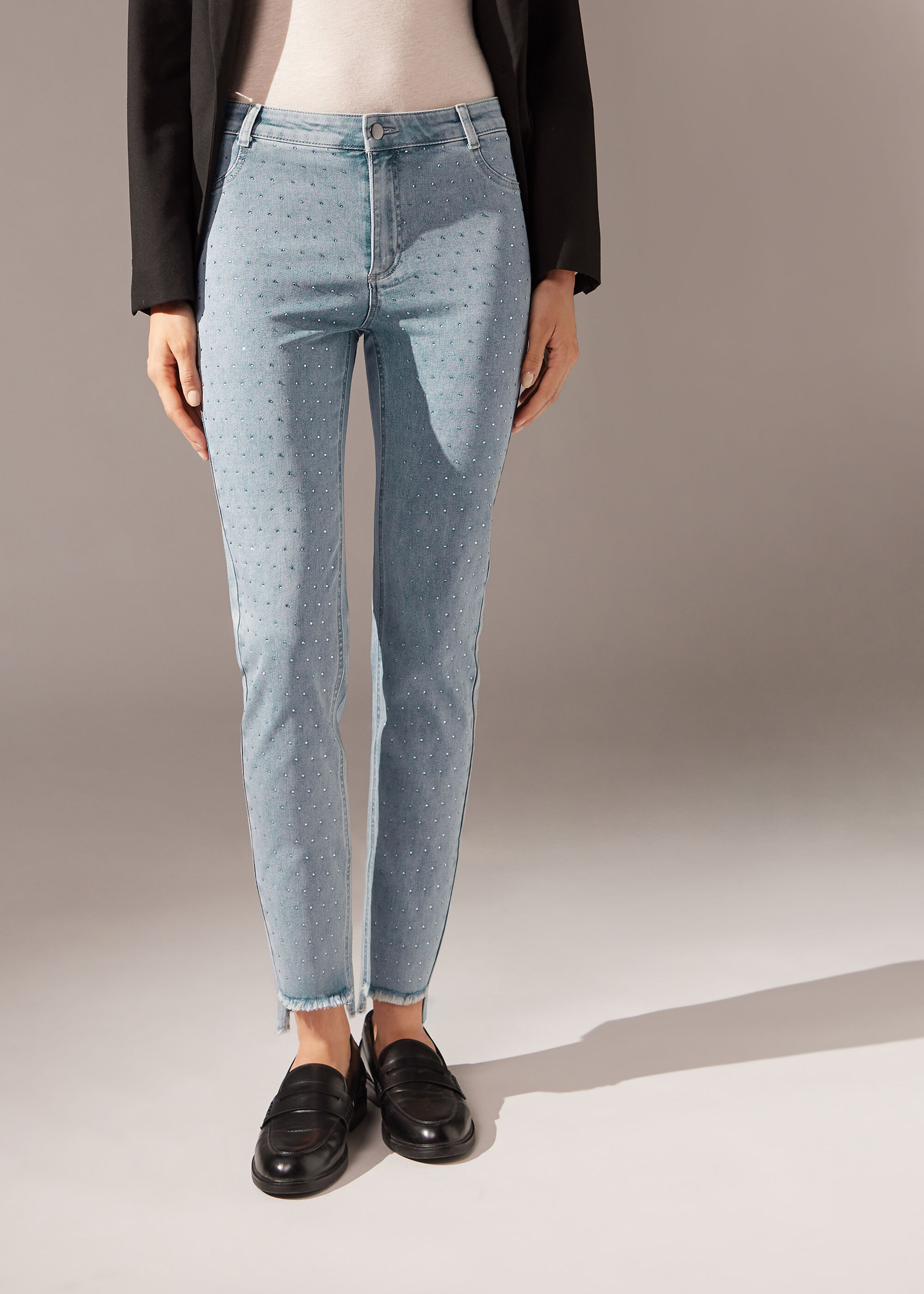 Cropped Jeans with Diamanté Appliqué Details