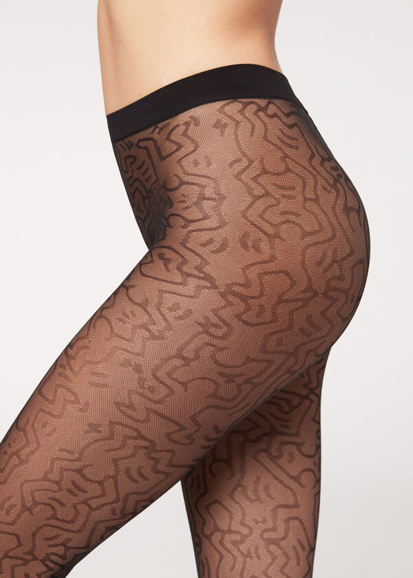 50-denové sieťované pančuchové nohavice s celoplošnou potlačou postavičiek Keith Haring™