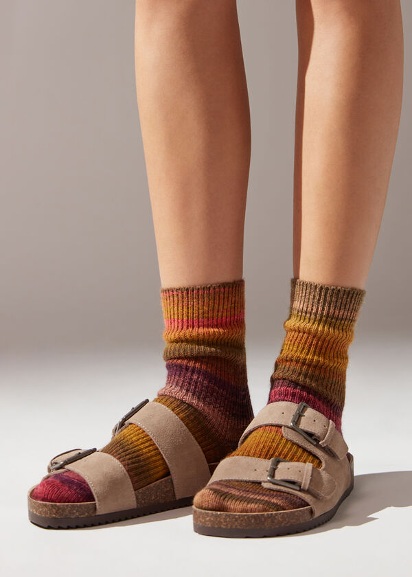 Chaussettes courtes en laine à rayures multicolores