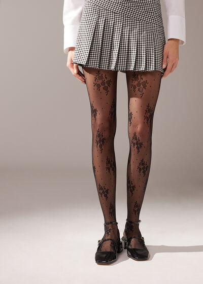 Sheer 40 Denier Floral and Micro-Dot Tulle Tights