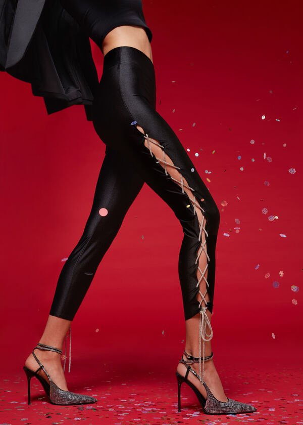 Super-Glossy Leggings with Sparkly Criss-Cross Ties