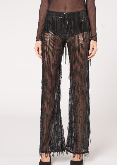 Flared Leggings with Sequin Fringe