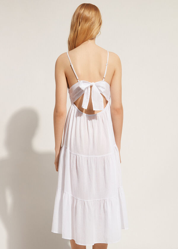 Robe Mi-Longue en Dentelle Macramé et Jupe Volantée