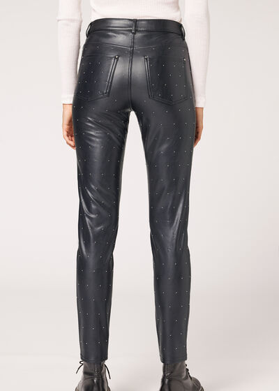 Coated Thermal Skinny Leggings with All Over Studs