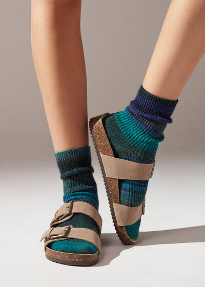 Multicoloured Striped Short Socks with Wool