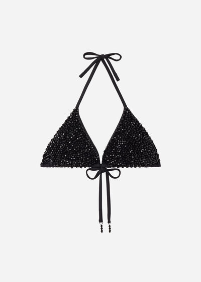 Removable Padding Triangle Swimsuit Top Black Crystals