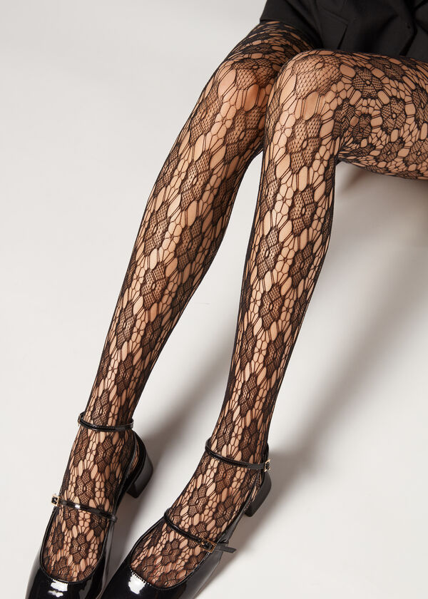 Floral-Motif Fishnet Tights