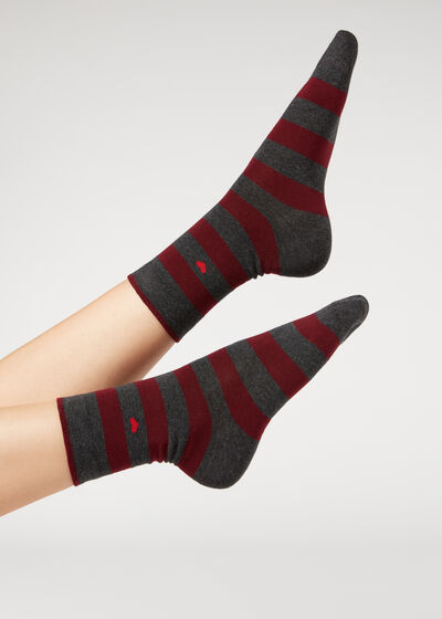 Stripe Pattern Short Socks with Heart Trim