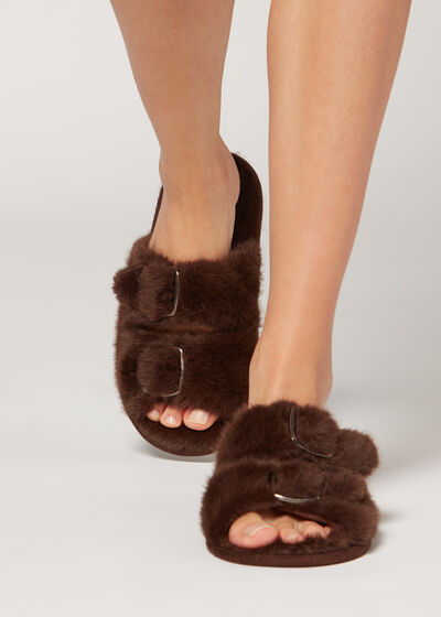Open Toe Plush Slippers with Buckles