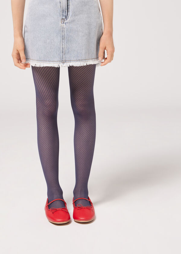 Dievčenské sieťované 50-denové pančuchové nohavice so šrafovaným motívom